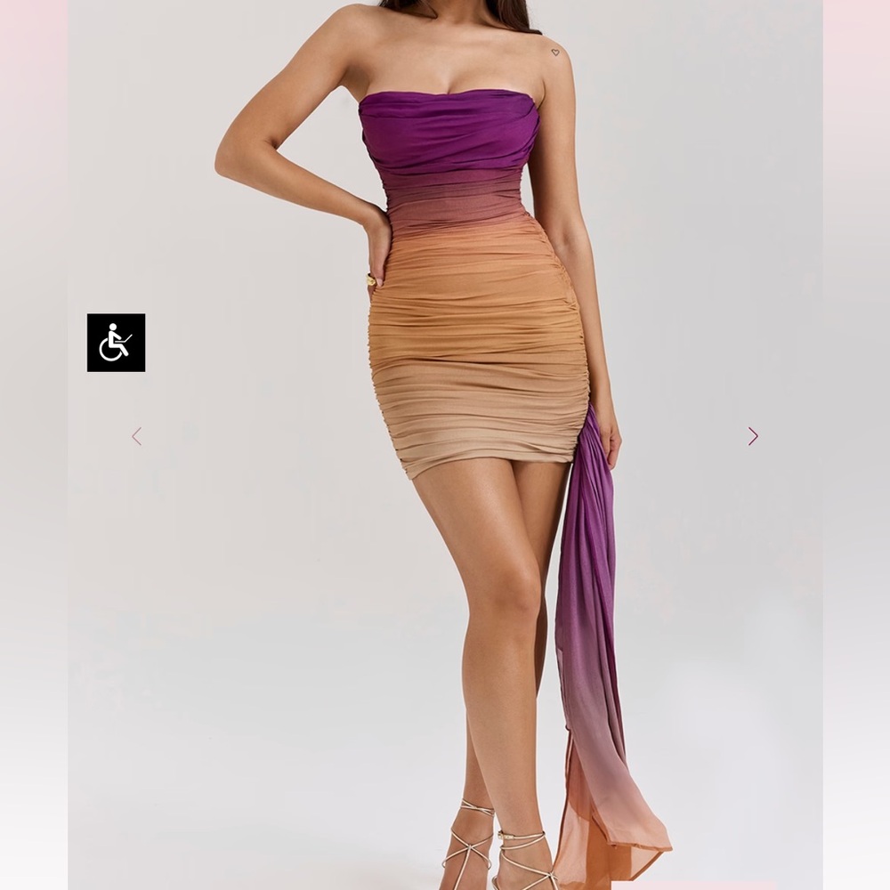 House of CB Purple to Tan Ombre Strapless Ruched Mini Dress